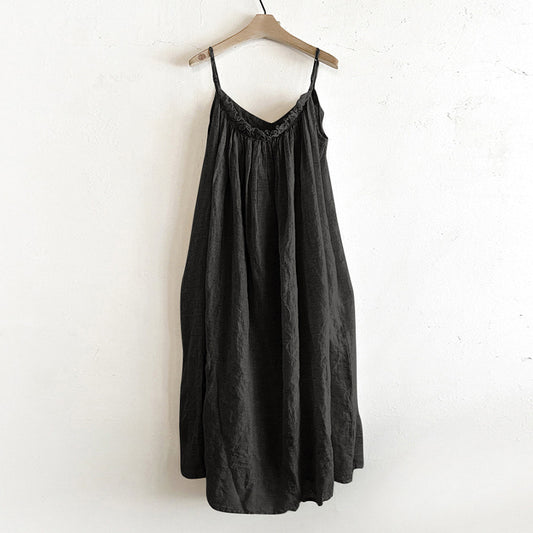 Atmosphere French Pure Linen Slip Dress Sexy Design Wooden Ear Cold-Shoulder Elegant Mid-Length Dress for Women