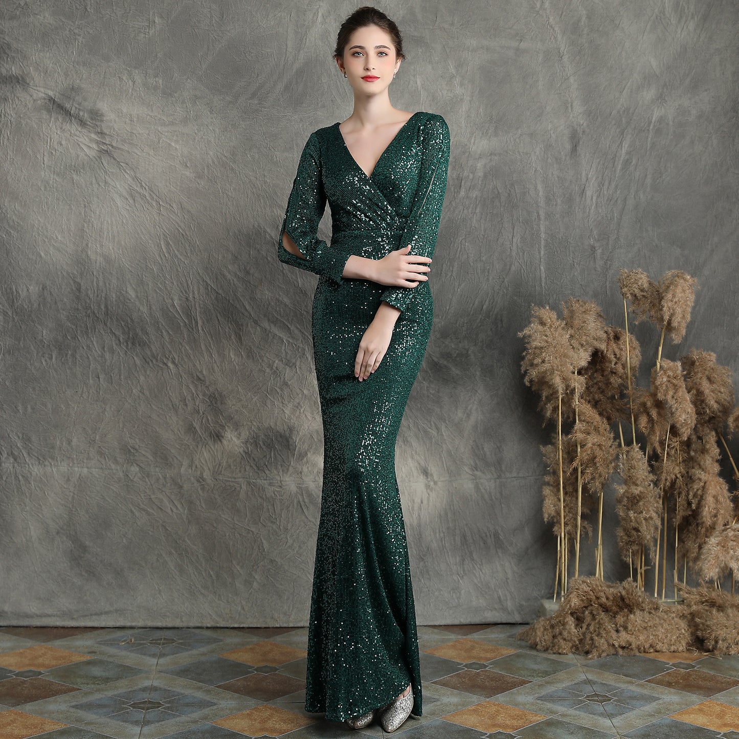 Cocktail Elegant Long Long Sleeve Sequined Atmosphere Queen Fishtail Evening Dress