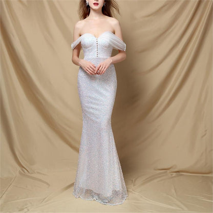 Classic off Shoulder Fishtail Evening Dress for Women Elegant Cocktail Annual Meeting Elegant Velvet Queen