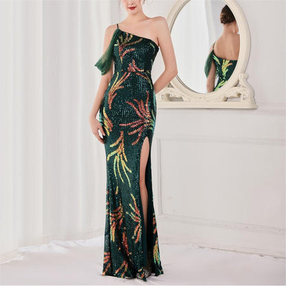 Robe de soirée longue et sexy à paillettes et perles pour femme