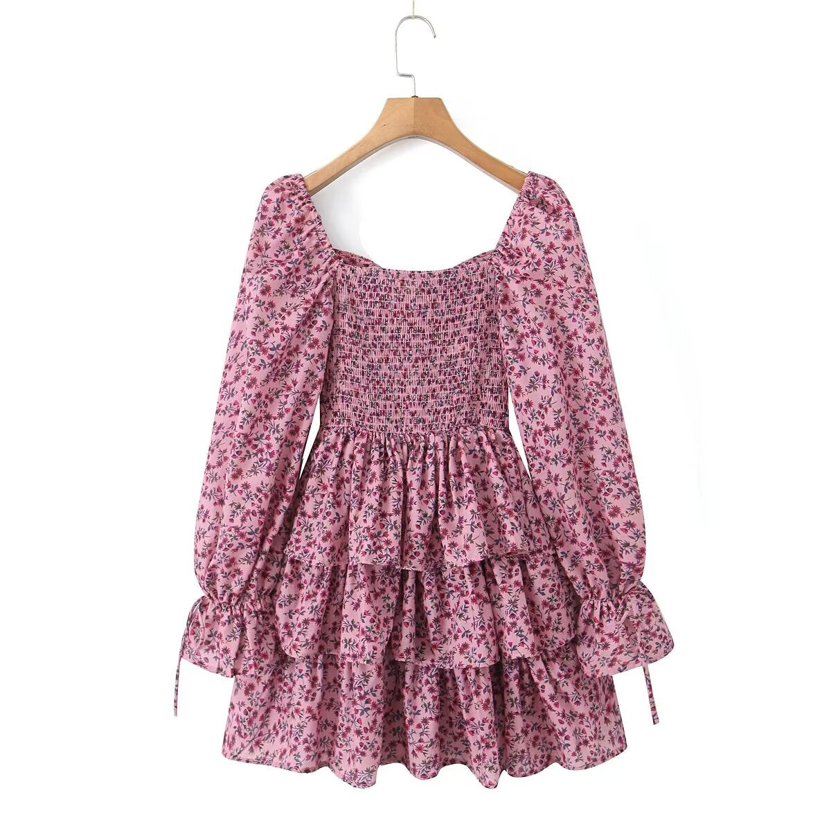 Floral Printed Sexy Sweet Backless Long Sleeves V Neck Layered Dress Short Dress Women Clothing