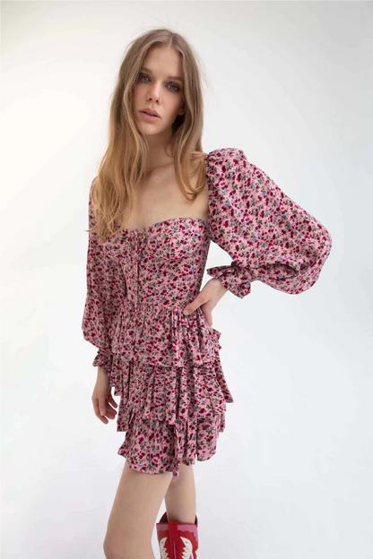 Floral Printed Sexy Sweet Backless Long Sleeves V Neck Layered Dress Short Dress Women Clothing