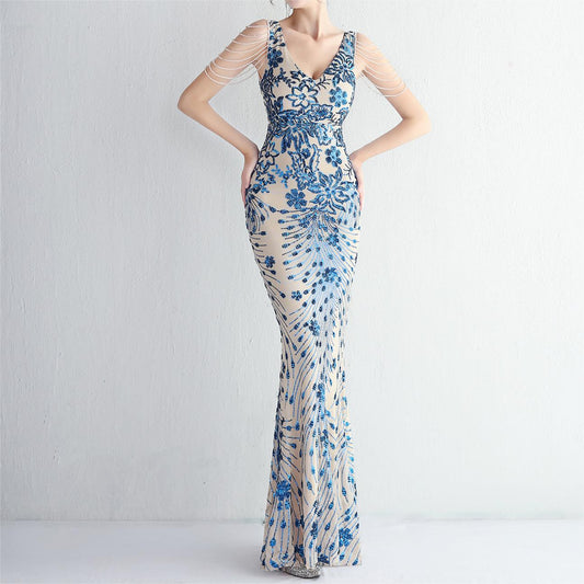 Evening Party Dress Long Cocktail Slim Fit Evening Dress Elegant Long Sequined Annual Meeting Host