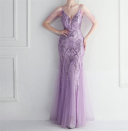 Beaded Bridal Wedding Dinner Long Camisole Evening Dress