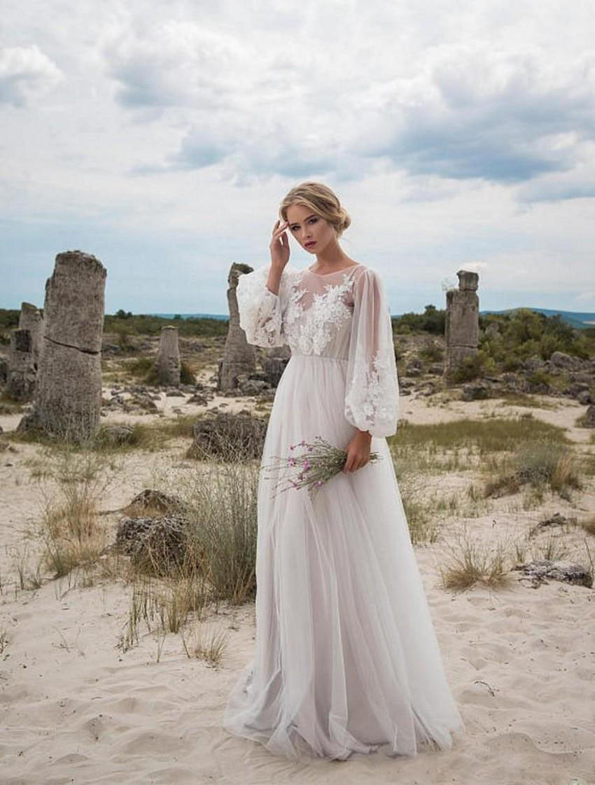 Vestido de novia con bordado de malla y mangas abullonadas y cuello redondo para mujer