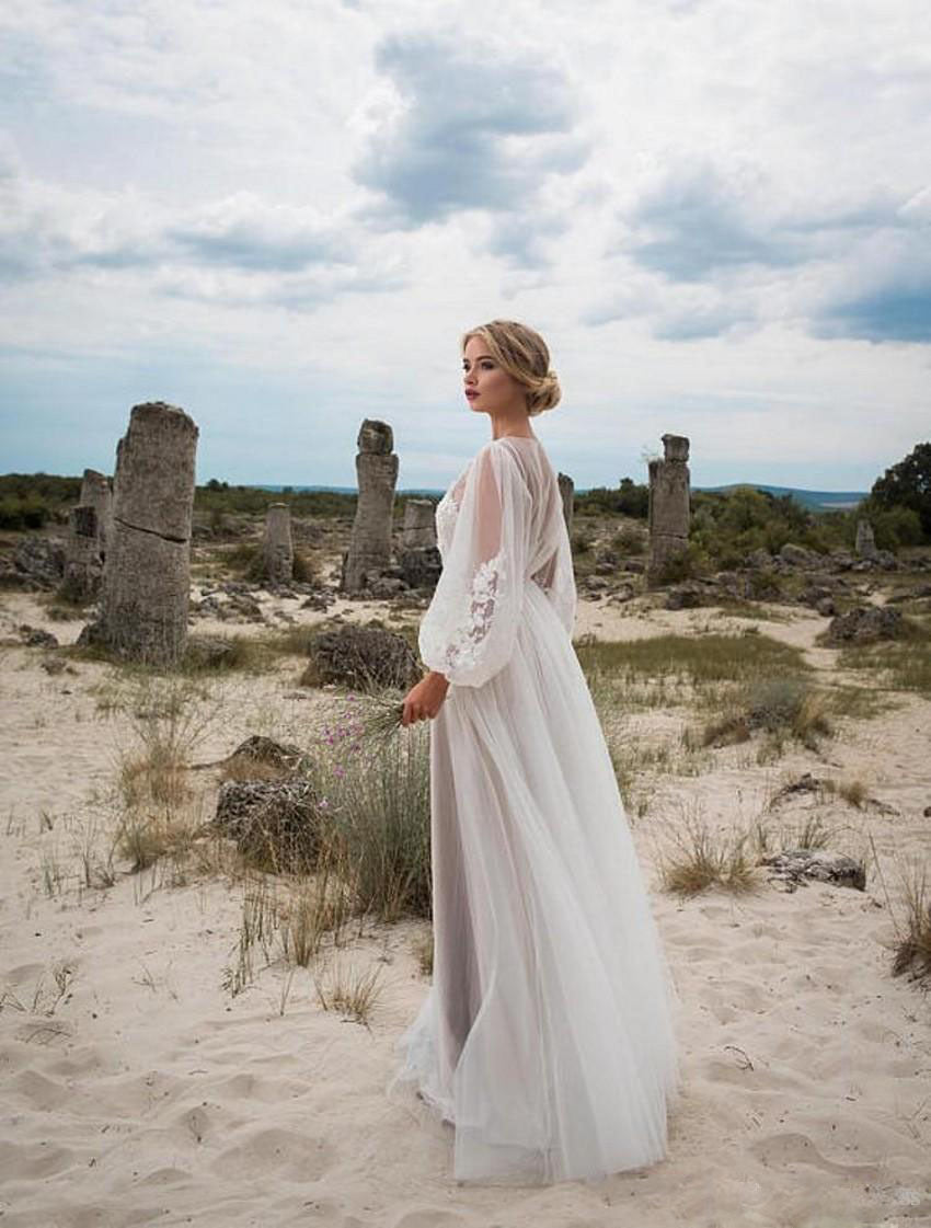 Vestido de novia con bordado de malla y mangas abullonadas y cuello redondo para mujer