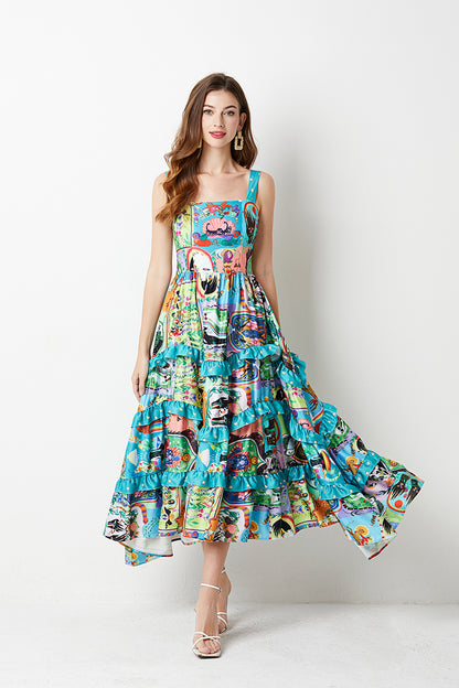 Summer Positioning Flower Cake Dress Slim Fit High Waist A Line Dress