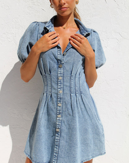 Robe d'été en coton et Denim pour femmes, col, boutons, manches courtes bouffantes, Design à la taille