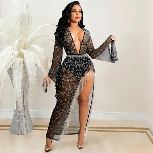 Sexy Nightclub Rhinestone Deep V Plunge Wide Sleeve Irregular Asymmetric Slit Tassel Maxi Dress Women