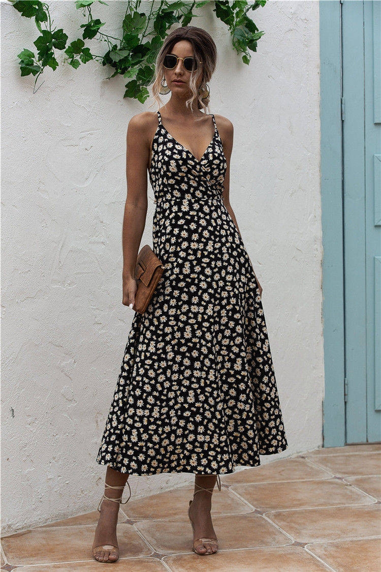 Summer Little Daisy Printed Floral Sexy Backless Lace up Bow Dress