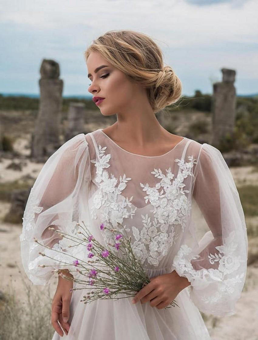 Vestido de novia con bordado de malla y mangas abullonadas y cuello redondo para mujer