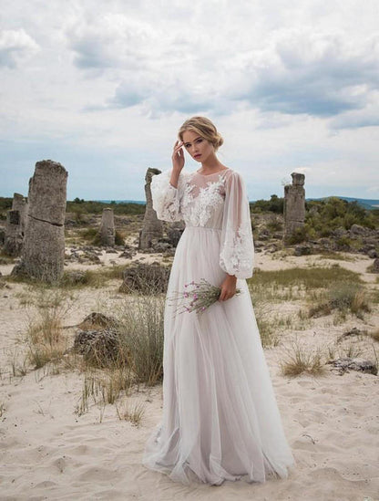 Robe de mariée brodée en maille à manches bouffantes et col rond pour femmes