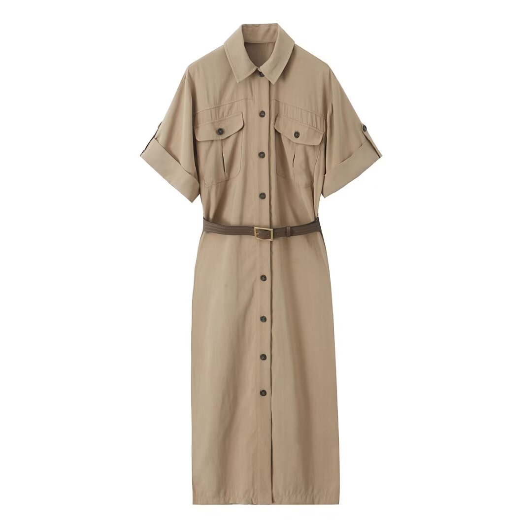 Spring Women Clothing Casual with Belt Shirt Dress