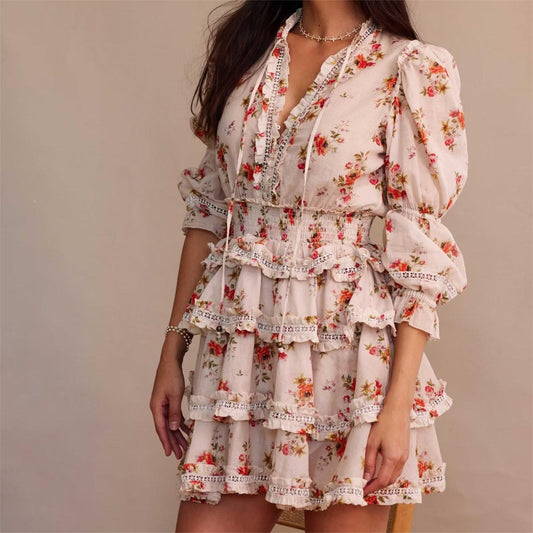 Spring Women Clothes Sweet Elegance Printed V Neck Lace Short Dress