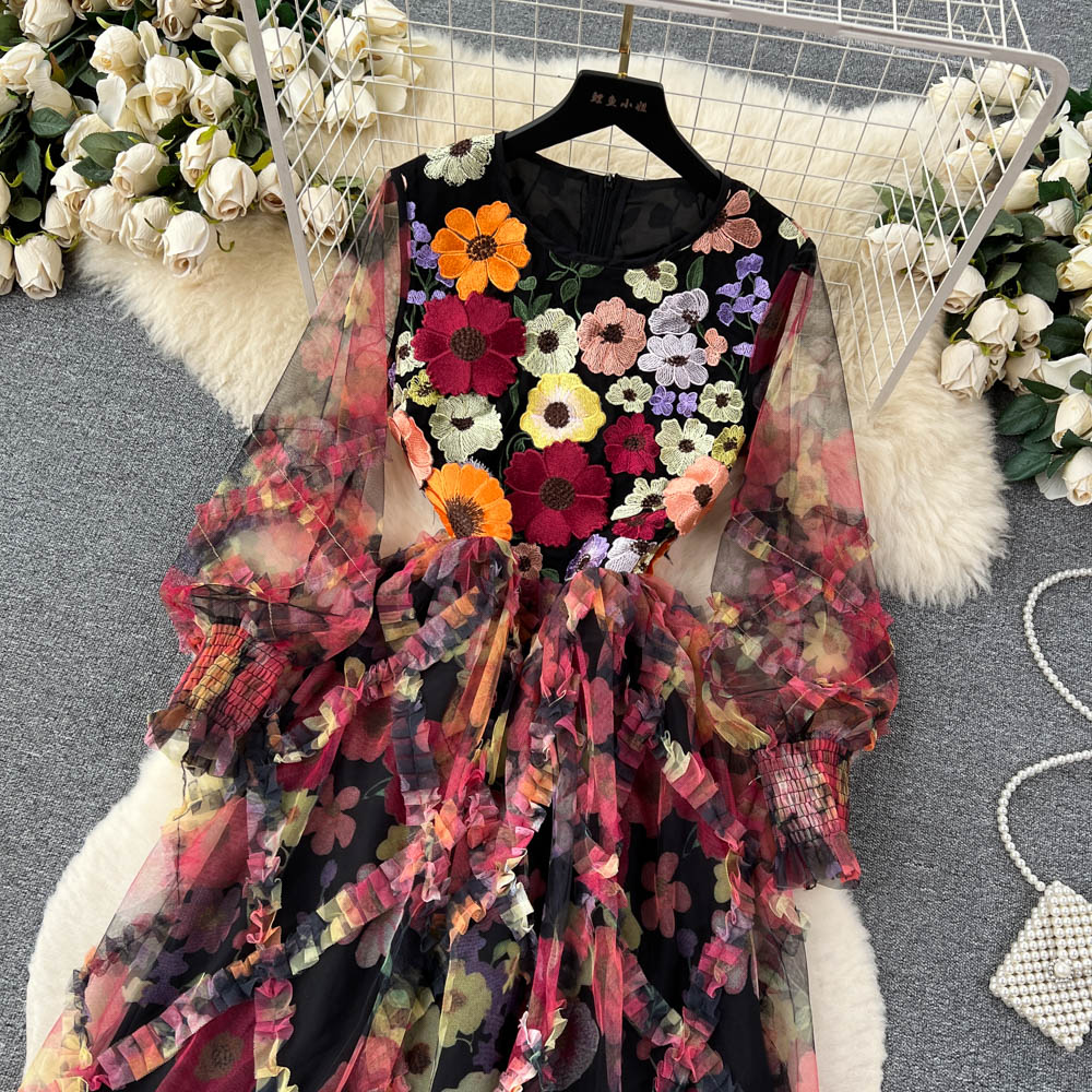 Vestido tutú de tul de malla con bordado Floral tridimensional de manga larga y cuello redondo de alta calidad para mujer cintura adelgazante de Organza