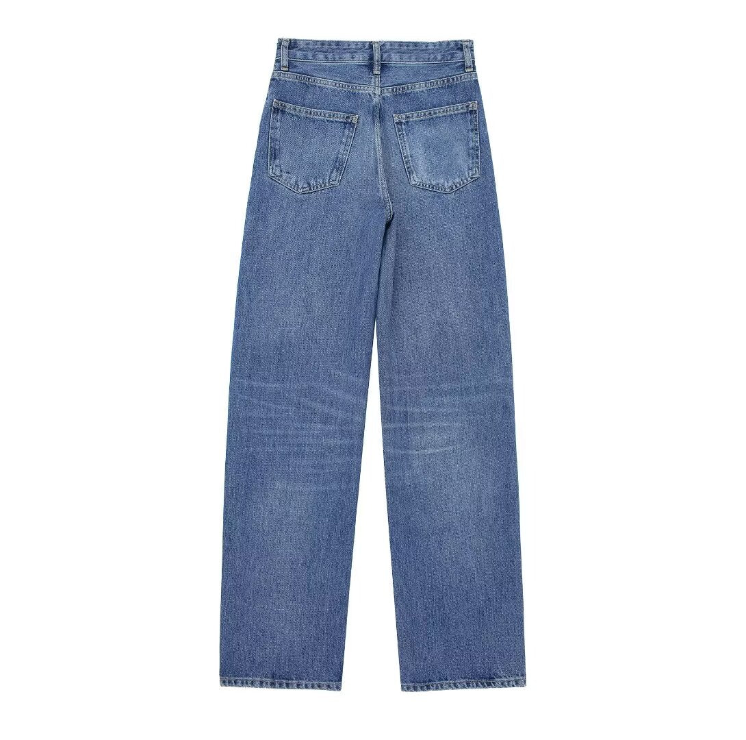 Taille haute minceur pantalon à jambe droite étroite jean à jambes larges ample femmes décontracté tout assorti pantalon à jambe droite