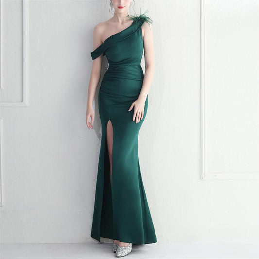 Ostrich Feather Decorative Oblique Shoulder Collar Slit Sexy Dress Evening Dress