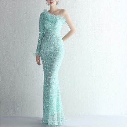 Handmade Sequin Craft Yarn Ladies Cocktail One Shoulder Long Sleeve Long Sequined Aura Queen Fishtail