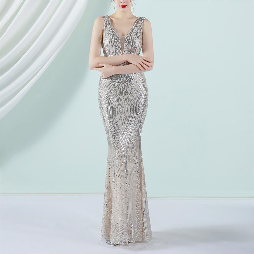 Positioning Floral Sequin Cocktail Elegant Long Sleeveless Sequined Aura Queen Fishtail Dress