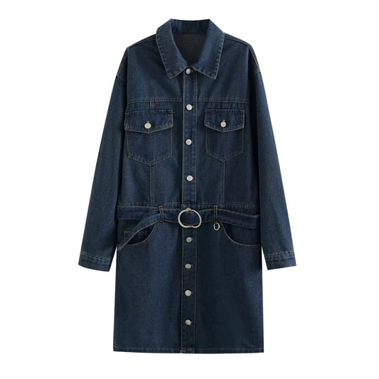 Women Clothing French Casual with Belt Long Sleeve Shirt Denim Dress