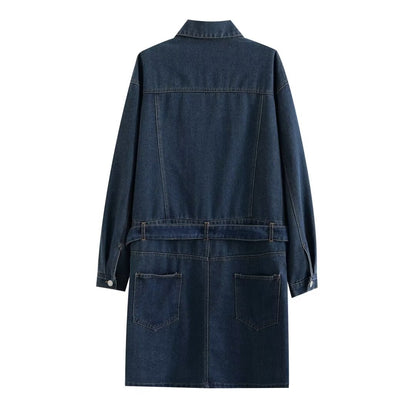 Women Clothing French Casual with Belt Long Sleeve Shirt Denim Dress