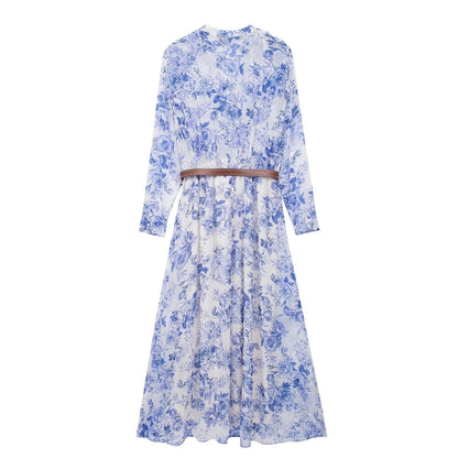 French High Grade Elegant Blue Chiffon Floral Shirt Dress for Women Gentle Super Fairy Holiday Waist Slimming Maxi Dress