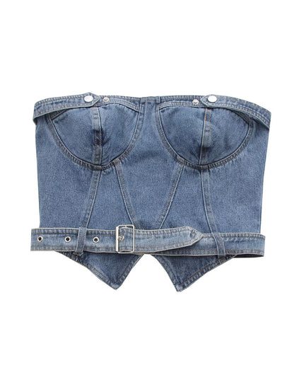 Vêtements pour femmes, haut tubulaire en jean avec ceinture, coupe cintrée