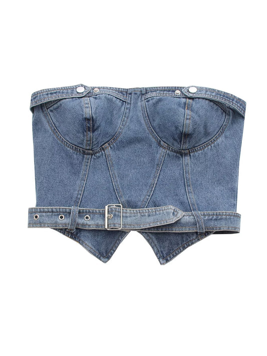 Vêtements pour femmes, haut tubulaire en jean avec ceinture, coupe cintrée