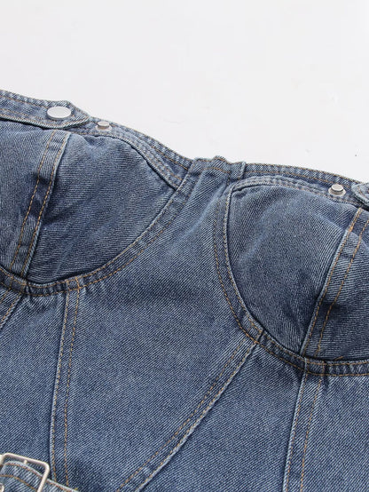 Vêtements pour femmes, haut tubulaire en jean avec ceinture, coupe cintrée