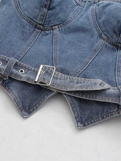 Vêtements pour femmes, haut tubulaire en jean avec ceinture, coupe cintrée