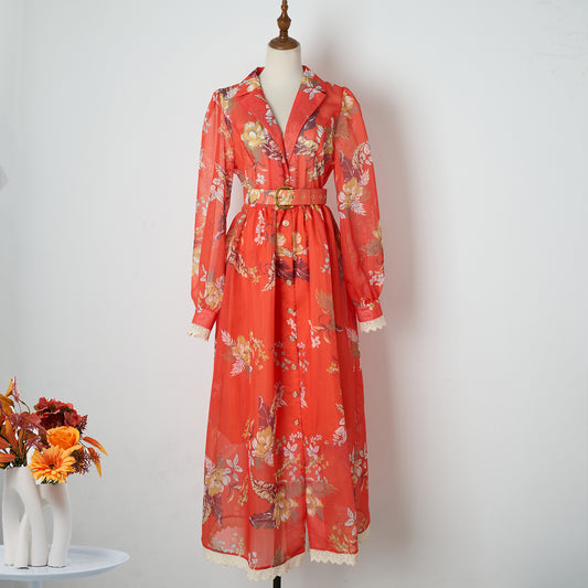 Dress Collar Long Sleeve Stitching Lace Orange Printed Dress With Belt