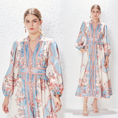 Vacation Elegant Positioning Printed Single Breasted Long Sleeved Dress Women Vacation Style Retro Long Dress