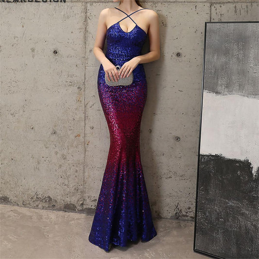 Sequined Evening Party Dress Long Cocktail Slim Fit Fishtail Elegant Socialite Party Annual Meeting Host