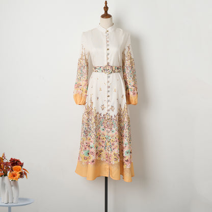 Robe mi-longue élégante à imprimé floral pour femme, boutonnée, simple boutonnage, avec poche et ceinture