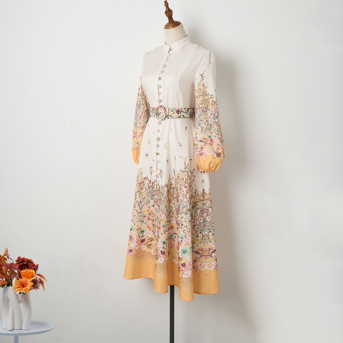 Robe mi-longue élégante à imprimé floral pour femme, boutonnée, simple boutonnage, avec poche et ceinture