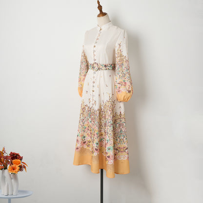 Robe mi-longue élégante à imprimé floral pour femme, boutonnée, simple boutonnage, avec poche et ceinture