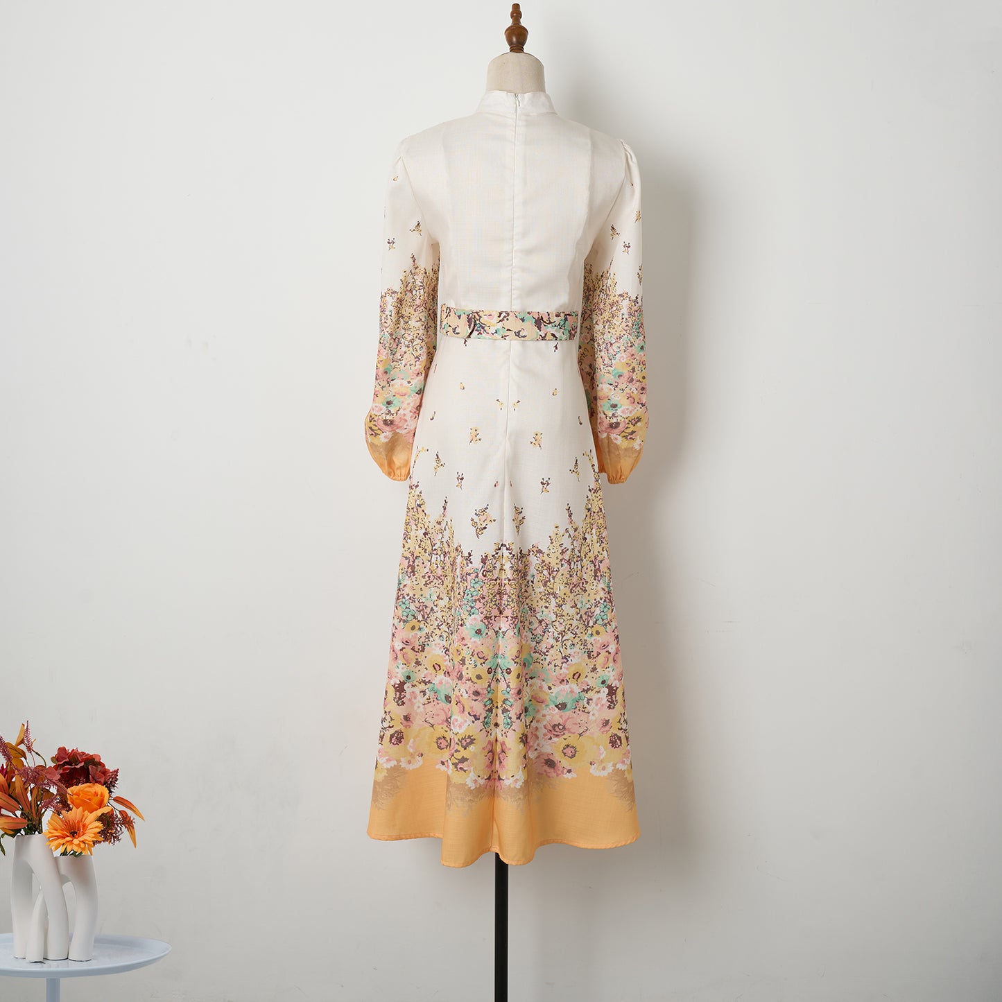 Robe mi-longue élégante à imprimé floral pour femme, boutonnée, simple boutonnage, avec poche et ceinture