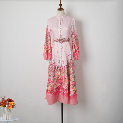 Robe mi-longue élégante à imprimé floral pour femme, boutonnée, simple boutonnage, avec poche et ceinture