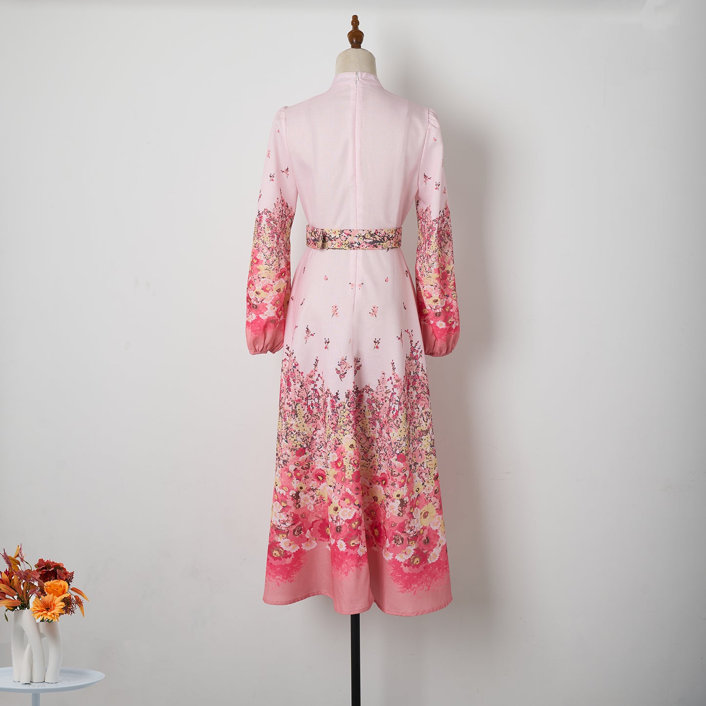 Robe mi-longue élégante à imprimé floral pour femme, boutonnée, simple boutonnage, avec poche et ceinture