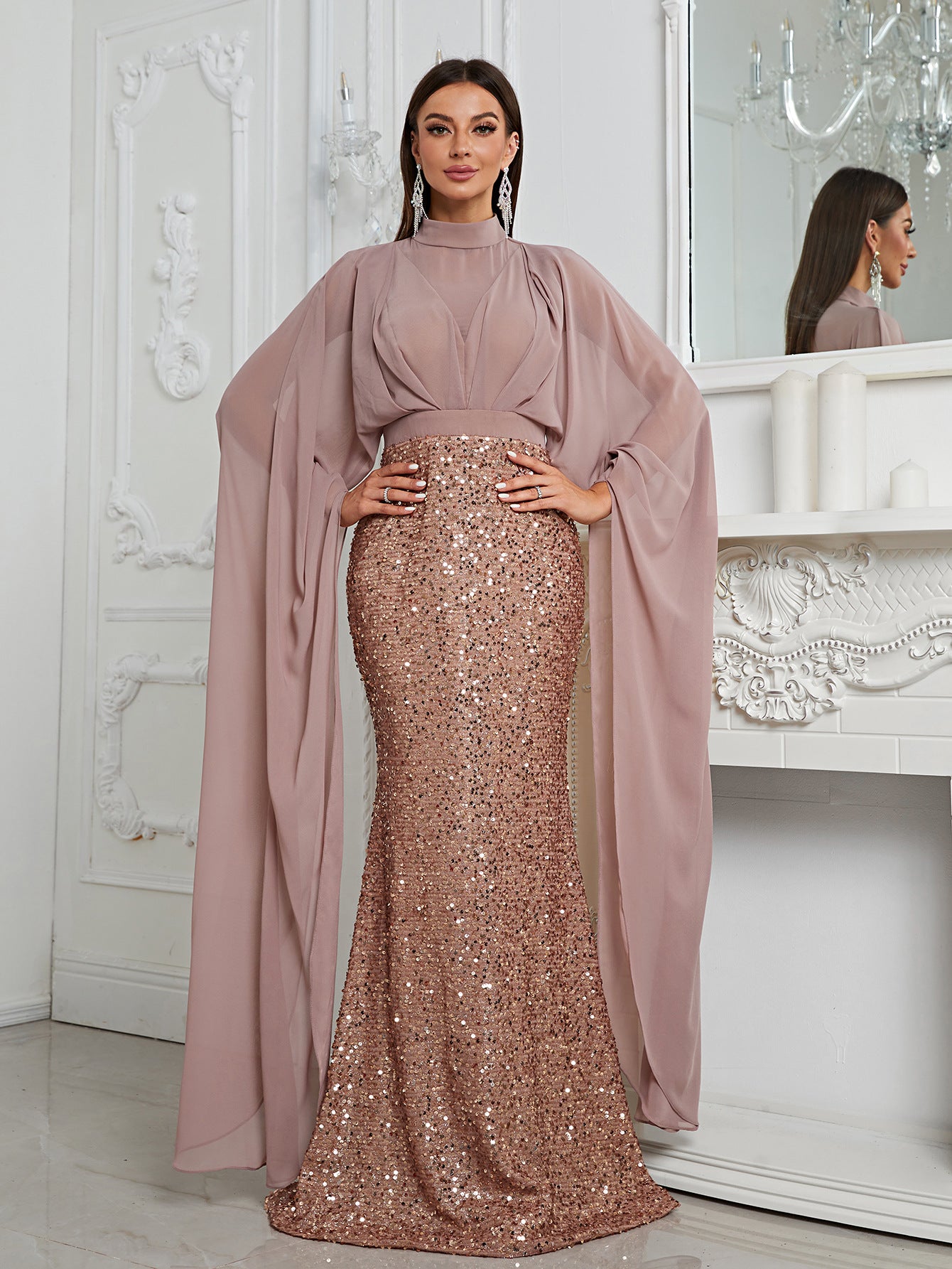 Robe à paillettes, col roulé, maille, robe de soirée, robe queue de poisson