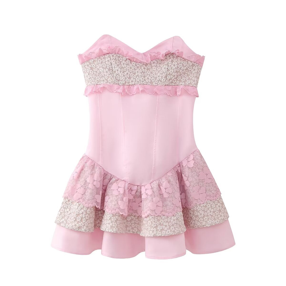 Spring Women Clothing Slim Pink Lace Tube Top Short Dress