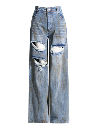 Printemps Niche Design taille moyenne personnalité déchiré bordure peint Long Denim pantalon à jambes larges pour les femmes