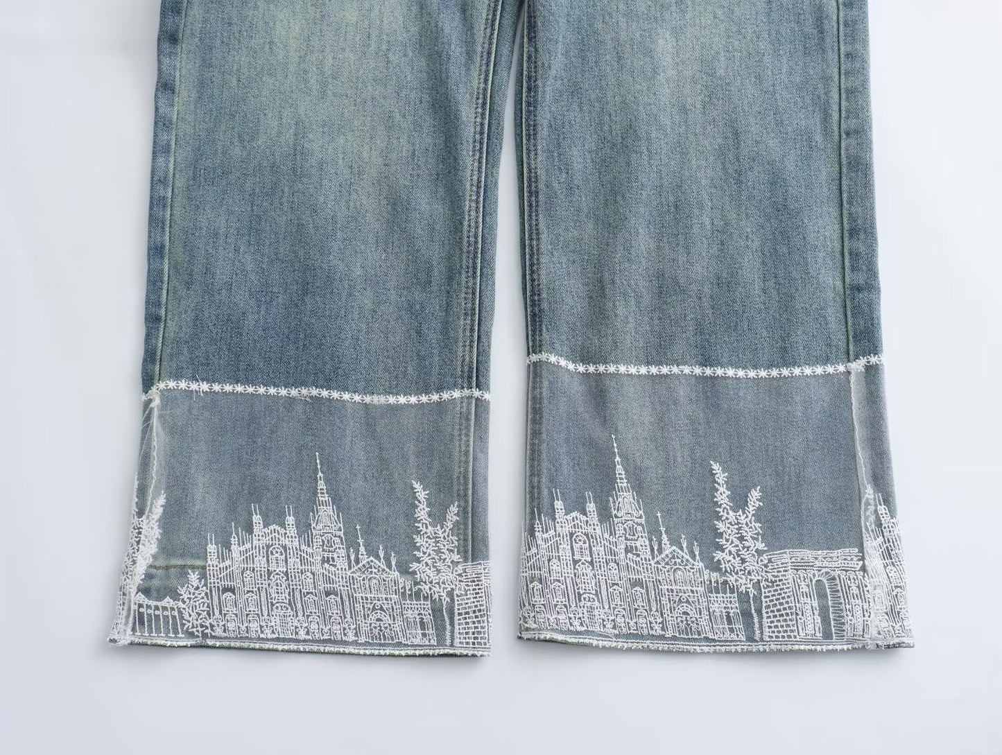 Printemps femmes vêtements chinois traditionnel dentelle Patch bride Denim jambe large pantacourt