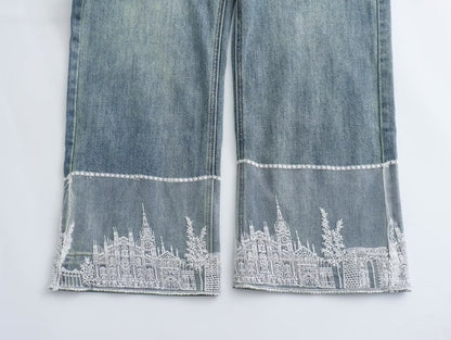 Printemps femmes vêtements chinois traditionnel dentelle Patch bride Denim jambe large pantacourt