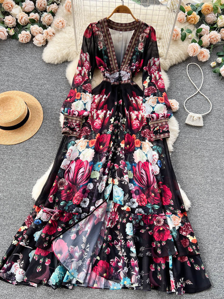 Spring Autumn Palace Elegant Deep V Plunge neck Slimming Single Breasted Printed A line Dress Elegant Large Swing Dress