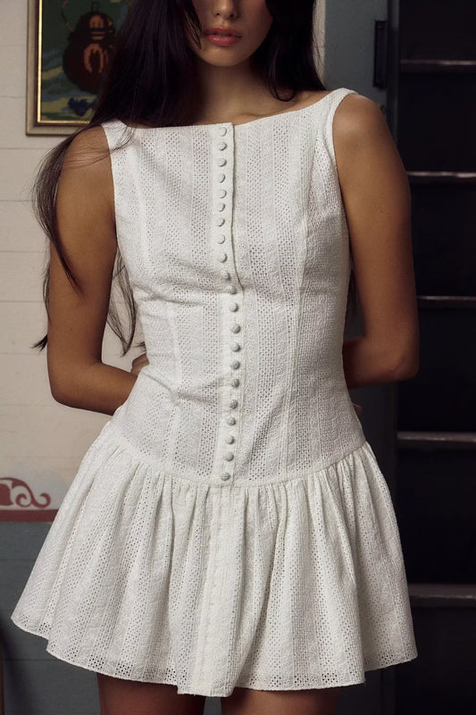 Robe brodée en dentelle française pour femmes, tenue d'été Pure et Sexy, taille serrée, dos nu, sans manches, robe trapèze