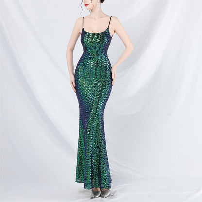 Women Colorful Sequin Suspender Evening Dress