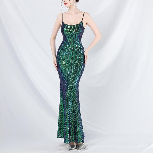 Robe de soirée à bretelles à sequins colorés pour femmes