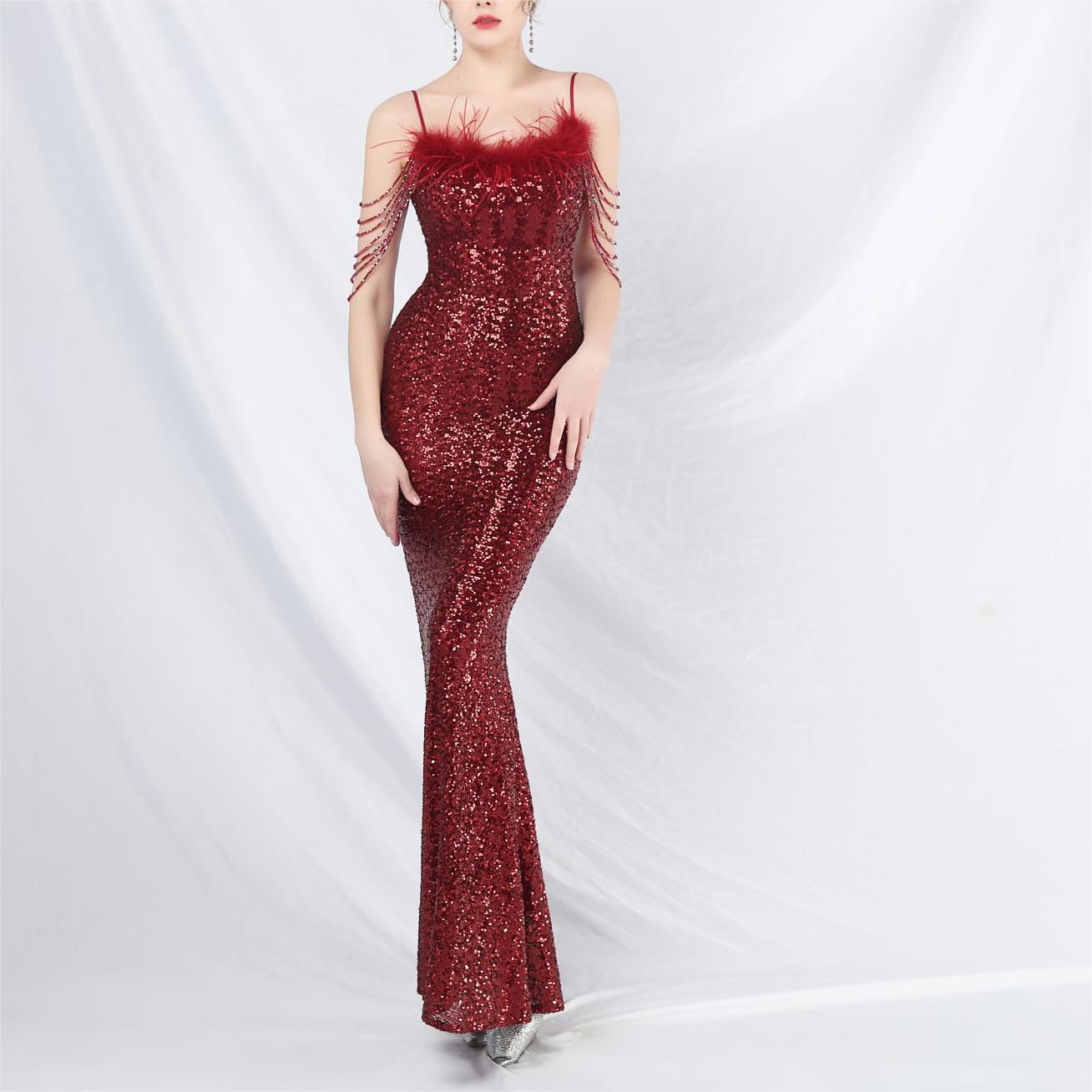 Beaded Ostrich Feather Colorful Sequin Long Evening Dress