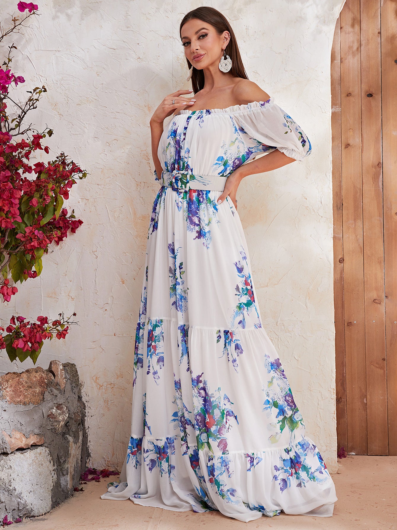 Robe longue en mousseline de soie à manches courtes et motif floral, robe longue de vacances décontractée à taille serrée, grande robe trapèze